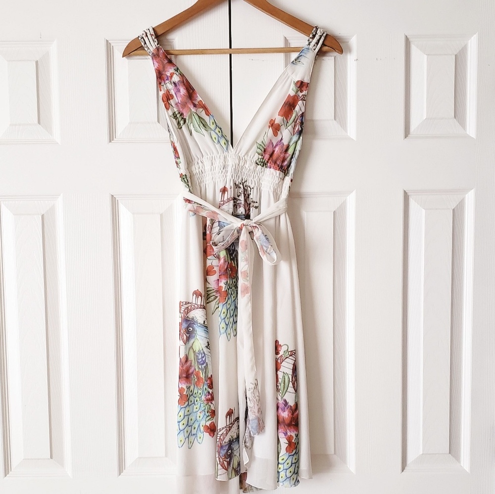 Deep Vneck dress, peacock print